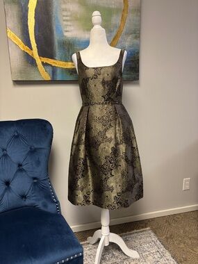 Carmen Marc Valvo Black and Gold Floral Midi Dress